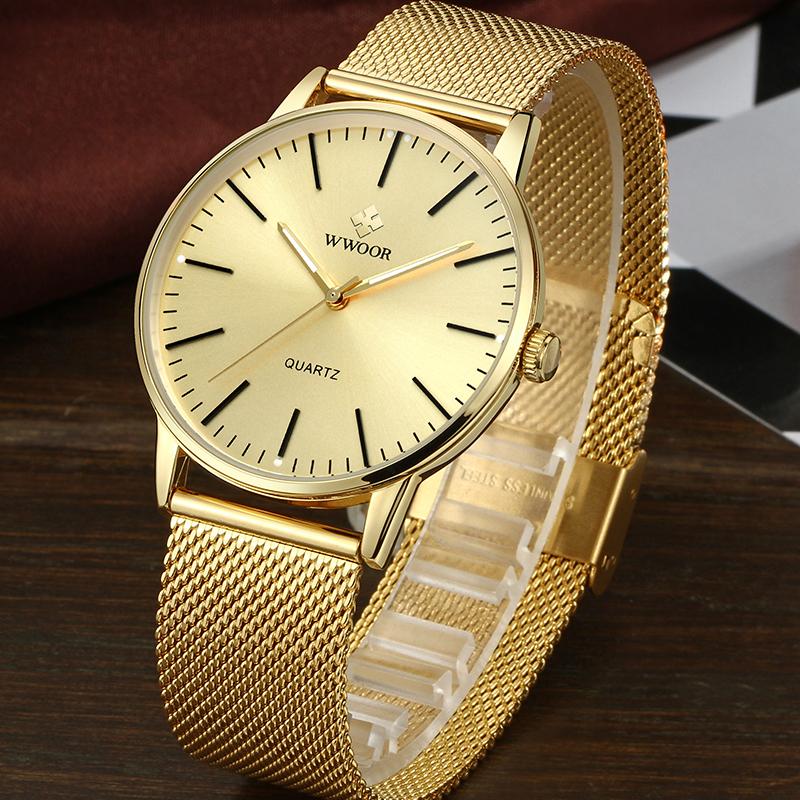 WWOOR Gold Watches Ultra Thin Simple Men Quartz Watches Waterproof Mesh Belt Full Stainless Steel Wristwatch