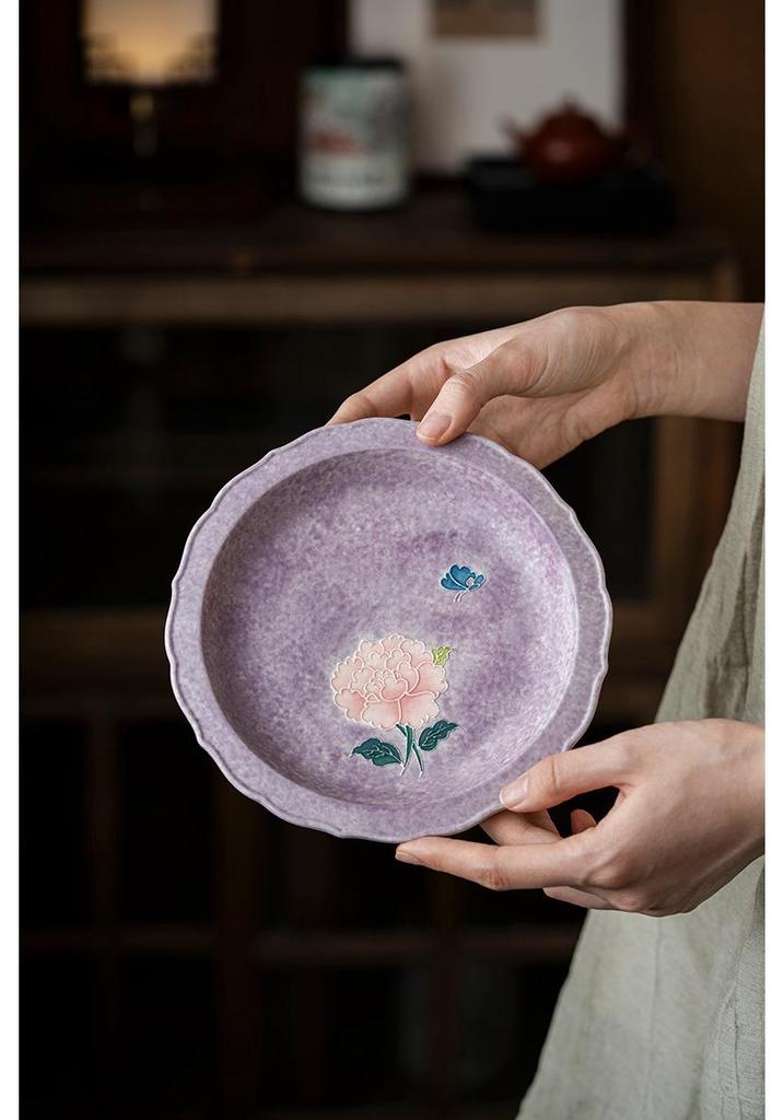 Hand-painted Peony Ceramic Tea Set: Purple Smoke Teapot, Lid Bowl, Master Cup, Tasting Cup, Pot Stand, Cup Mat, Coffee Cup