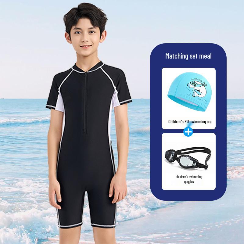 2025 New Boys' One-Piece Swimsuit: Sun Protection & Professional Training Wear for Medium & Large Kids
