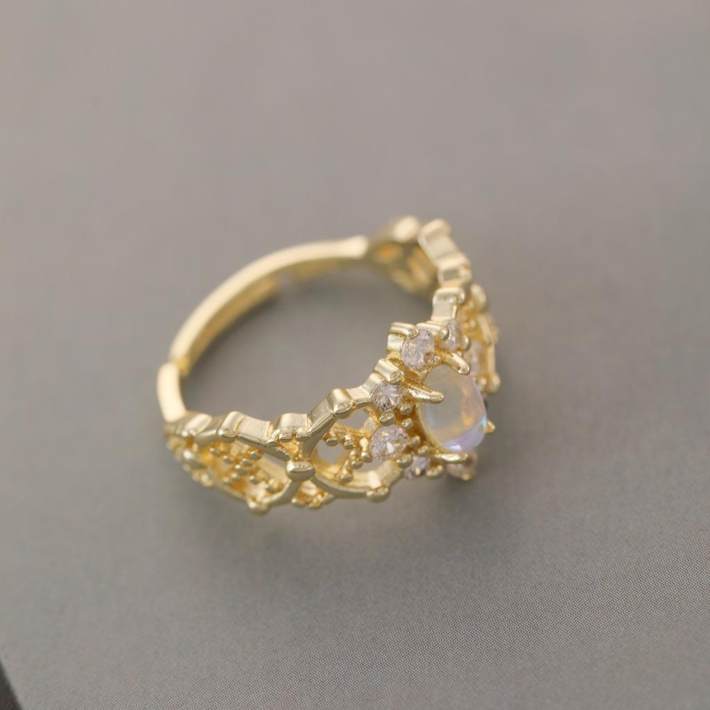 14K Gold Plated Adjustable Open Brass Ring for Women Hollow Leaf Design with Cubic Zirconia & Synthetic Opal Elegant Gift Women’s Rings