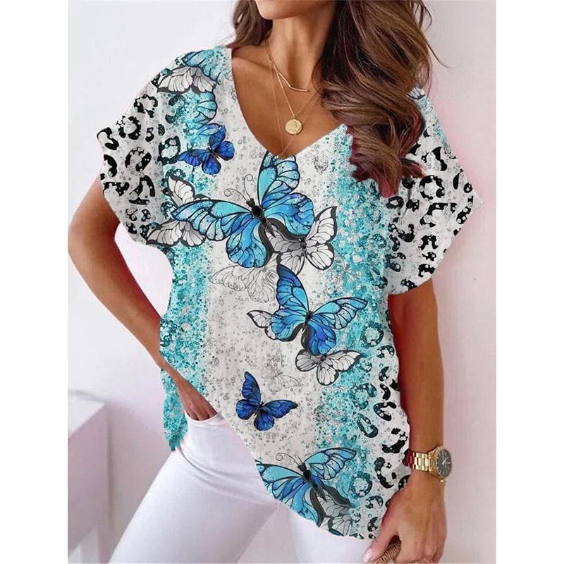 

Игривый шарм, Женская шикарная футболка с V-образным вырезом и принтом кошки - Летняя с коротким рукавом 7XL