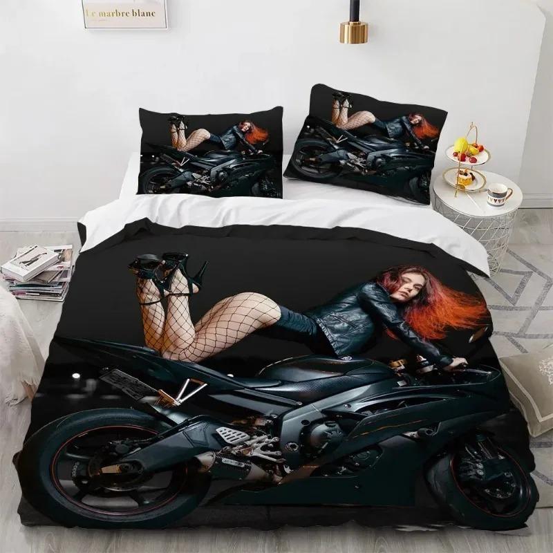 Schönheit Motorrad Bettwäschesets Modisch Sexy Schlafzimmer Bettbezugset Heimtextilien Bettwäscheset für Frauen Mann Bettbezug
