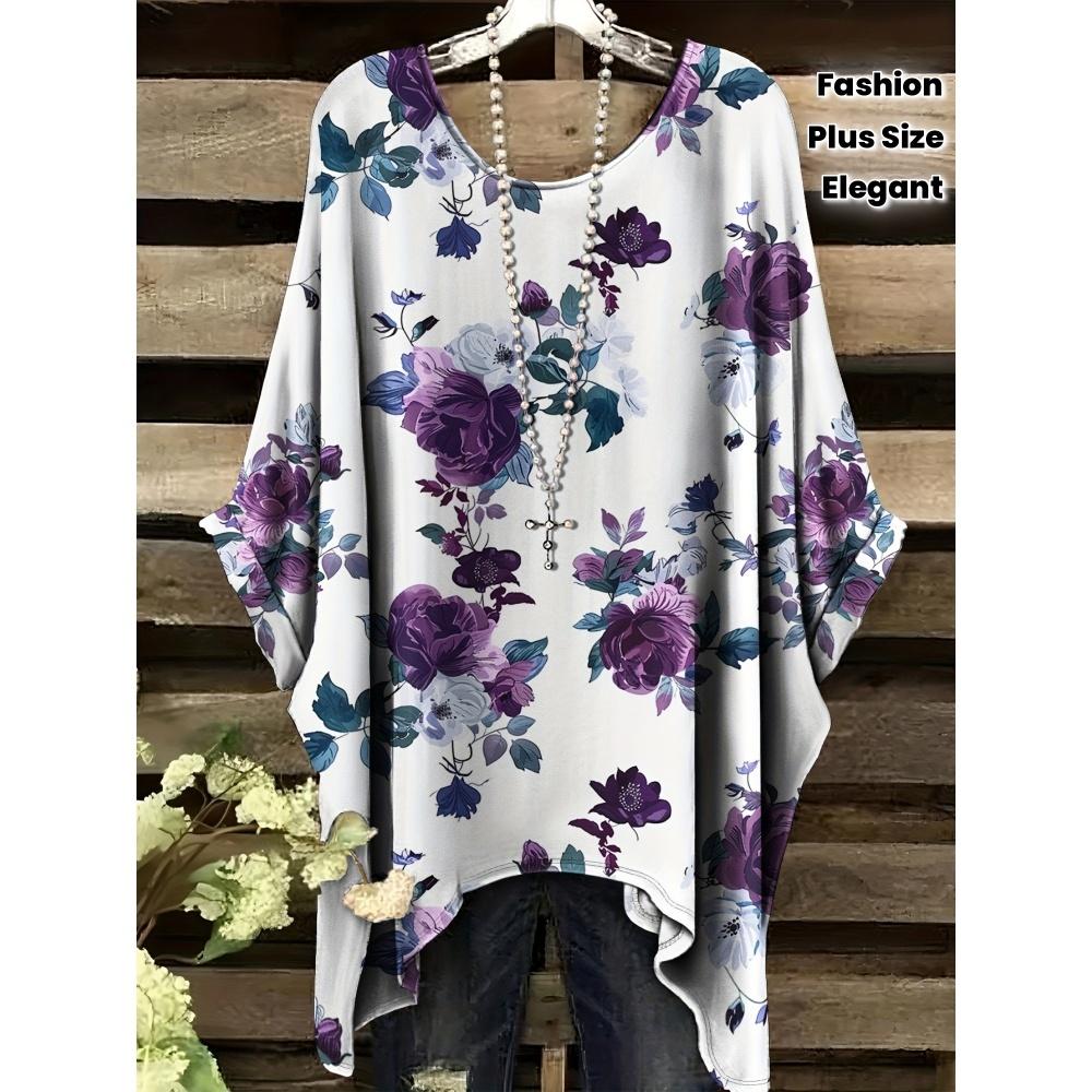 

Women s T-Shirt Colorful Flower Plant Flower Retro Full Body Graphic Irregular Hemline O-Neck Casual Oversized Short Sleeve Top 5XL