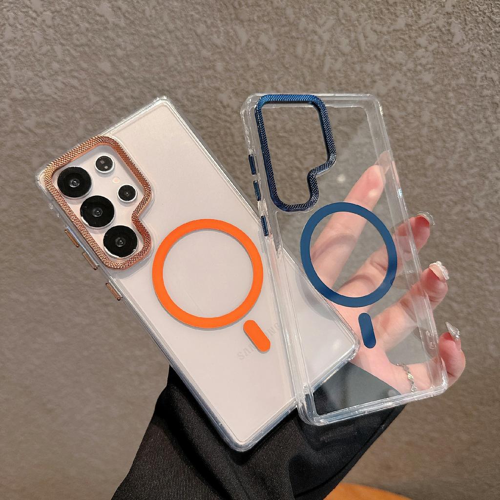 For Samsung Galaxy S24 Ultra Case Compatible with MagSafe PC+TPU Clear Phone Cover with Diamond Texture Lens Frame