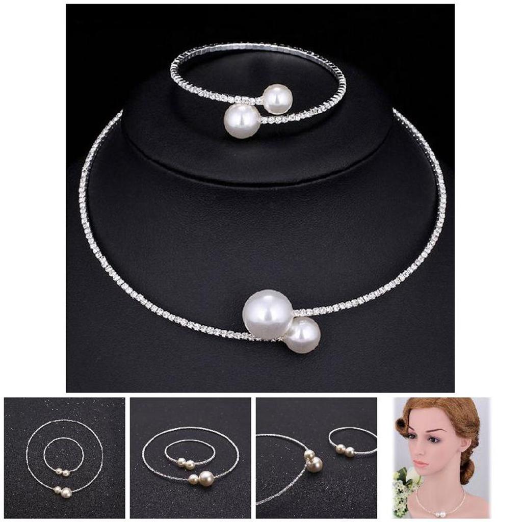 Wedding Necklace and Bangle Set Imitation Pearl Decor Full Rhinestones Jewelry for Ladies and Mother Decoration