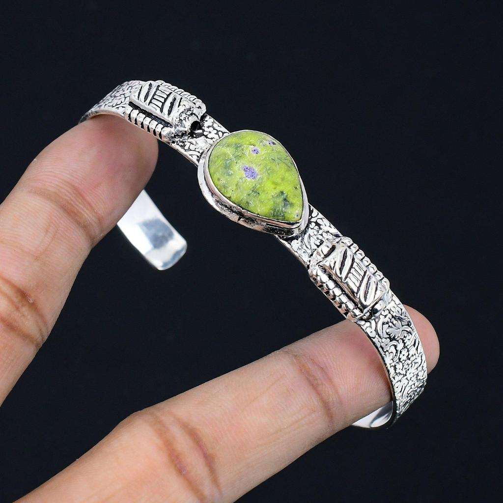 Halloween Deal Pear Atlantisite Gemstone Mother Bangle Bracelet Sterling Silver