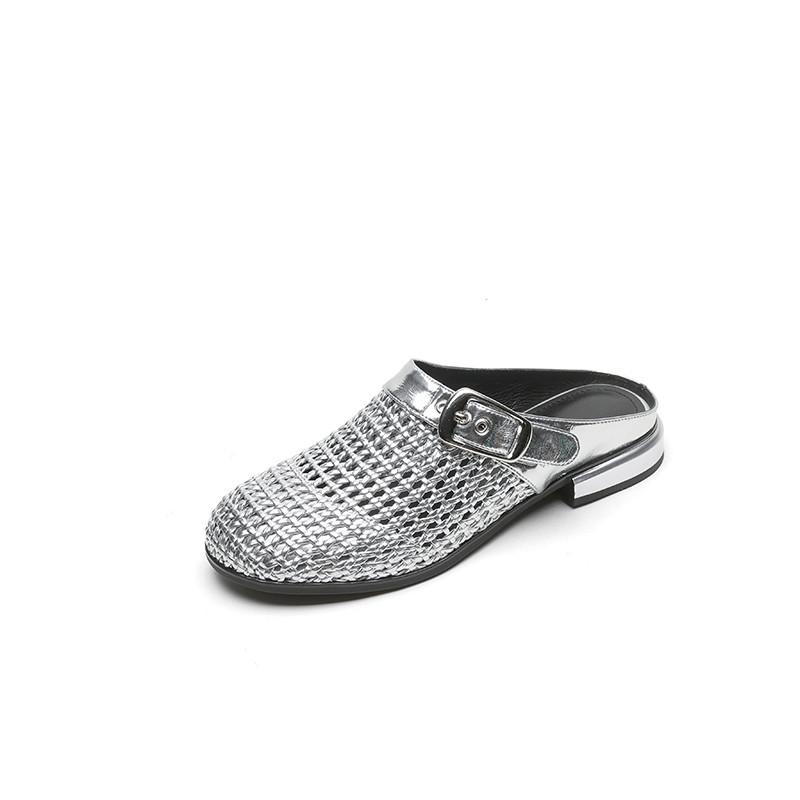 Fashion New Summer Slippers Summer Shoes Round Toe Low Heels Sandals for Women Fashion Hollow Out Split Leather Slippers Ladies Shoes