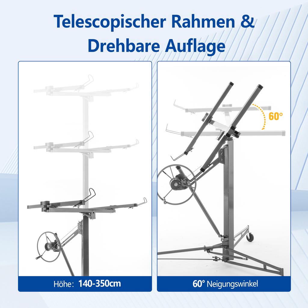 Drywall Lifter for Wall Panels and Ceiling Mounting: Load Capacity 68 kg, Height 140-335 cm Adjustable, Foldable, 3 Brake Wheels