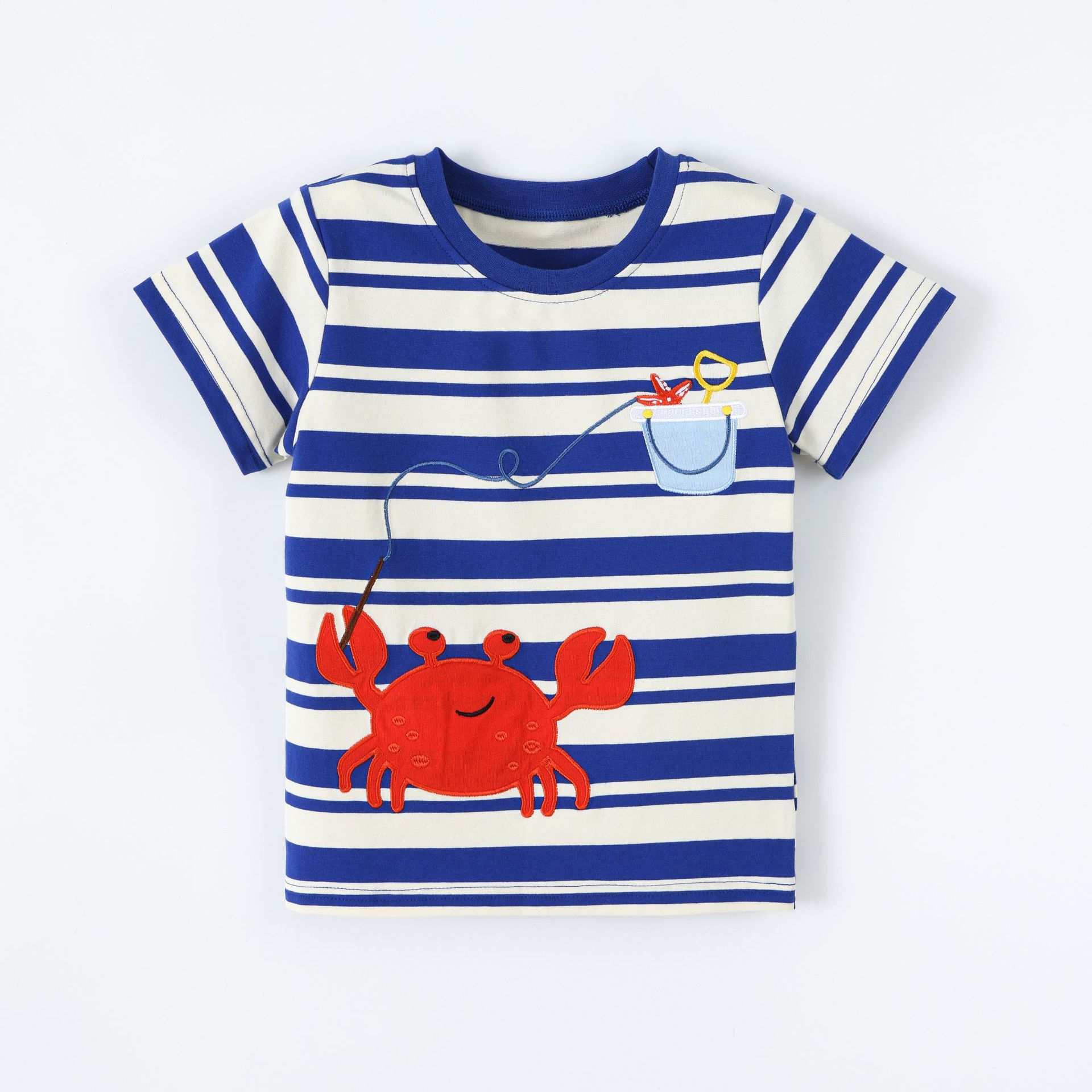 

New summer collection: boys’ short-sleeved T-shirt – stylish blue and white striped design with crab embroidery, children’s crew-neck top 140cm(8Y) королівський синій колір