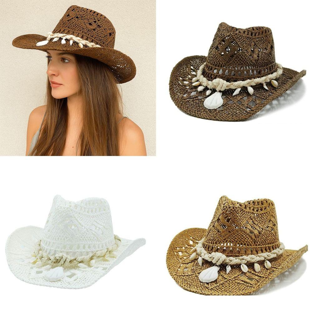 New Hollow Cowboy Straw Hat Large Brim Seashell Beach Sun Hat Big Head Circumference Bohemian Hat Sunshade