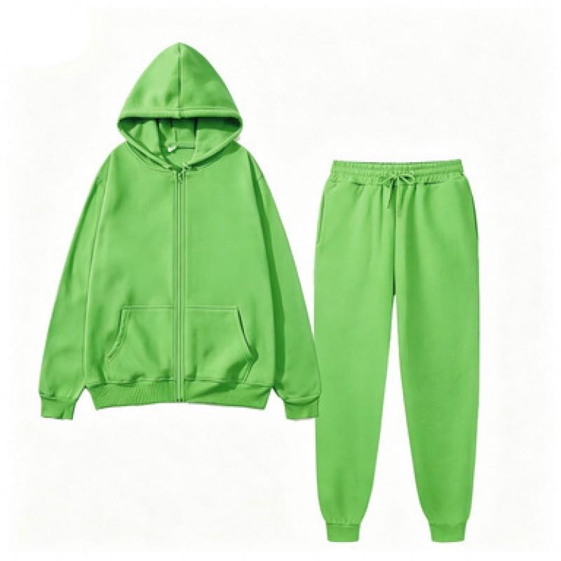 Womens Fleece Hooded Zip Tracksuit Loose Fit Solid Color Sportswear Set
