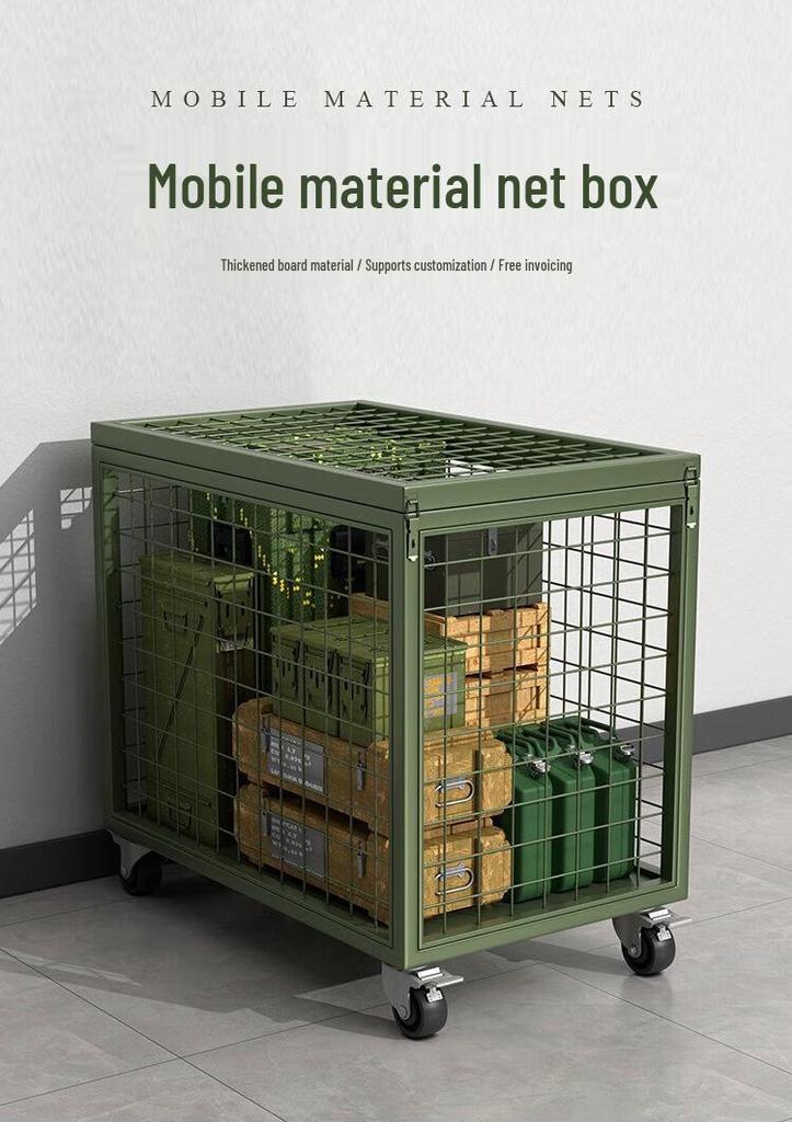 Large Army Green Heavy-Duty Mobile Mesh Storage Cage with Wheels
