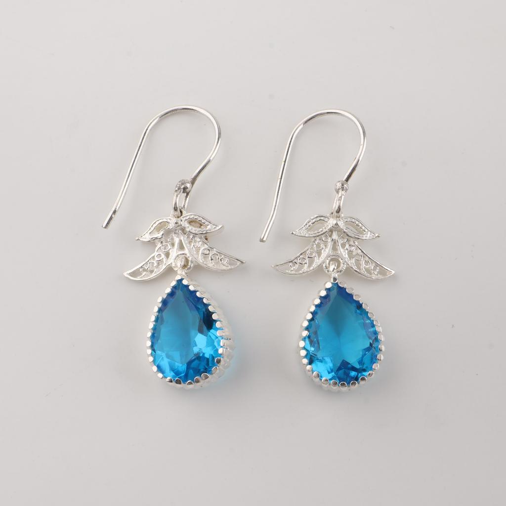 Swiss Blue Topaz Gemstone 925 Sterling Silver Jewelry Handmade Women Earrings 1.84" CE-27-3