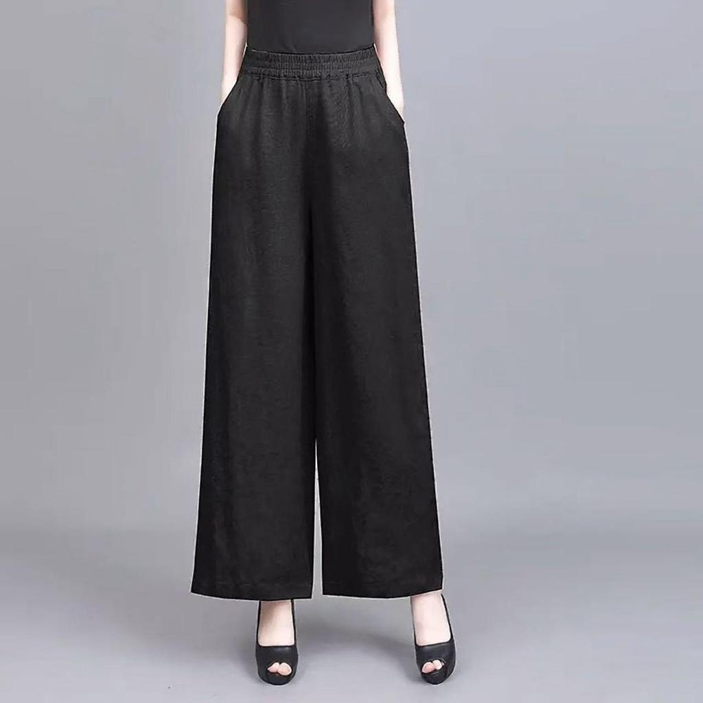 Women's 2025 Summer Cotton Linen Wide-Leg Pants - Simple, Casual, Thin, Loose, Elastic High Waist