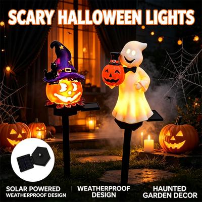 Solar Powered Waterproof Lawn Lights, Halloween Garden Decor, Wizard Hat Pumpkin Ghost Stake Lights for Outdoor Yard Ambiance
