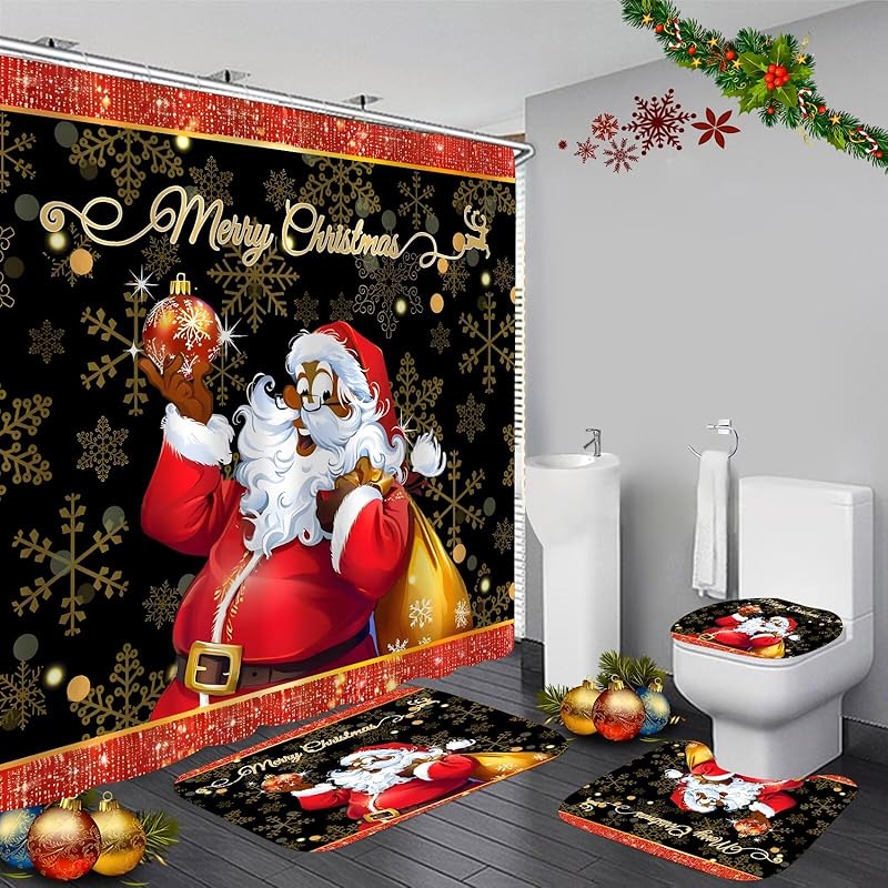 4PCS Christmas Fireplace Shower Curtain Sets, Christmas Tree Stocking Shower Curtain Sets with Rugs, Toilet Lid Cover and Bath Mat for Bathroom Set