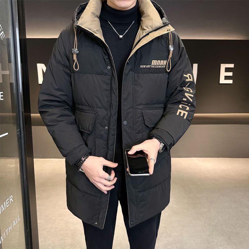 

Men s Hooded Slim-Fit Mid-Length Winter Down Jacket 2024 - Trendy, Thickened, and Stylish Printed Coat XL (120-140 jin) чорний