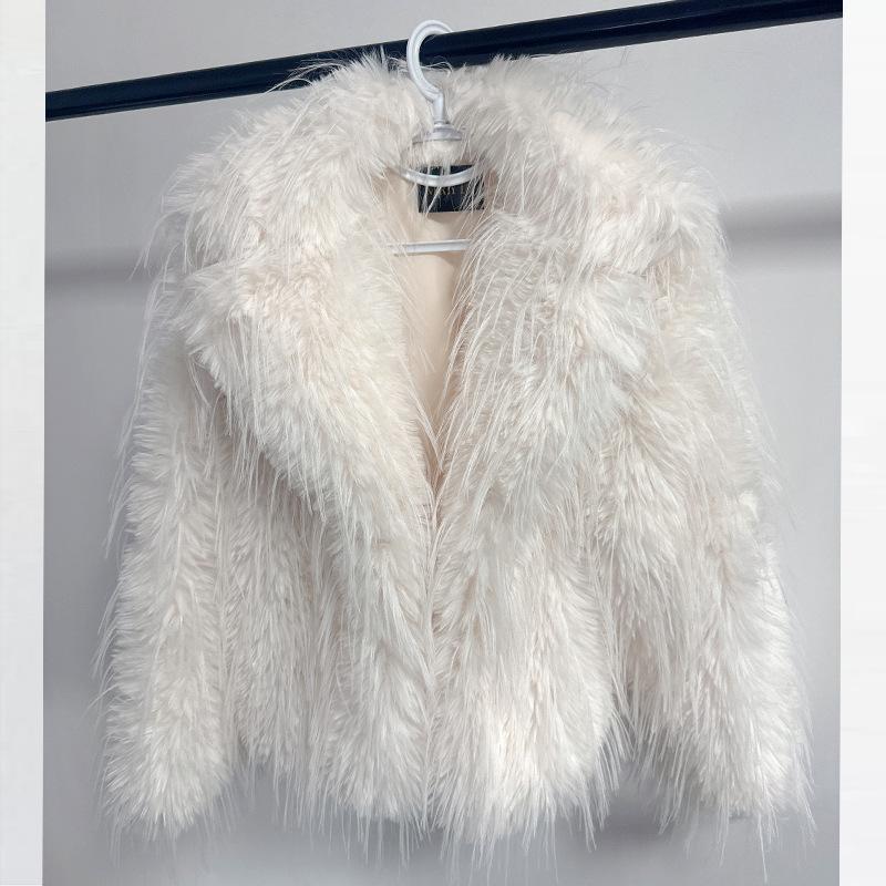Women Fuzzy Fleece Short Jacket Solid Color Warm Plush Coat Long Sleeve Casual Outerwear