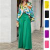 Ensemble Imprimé Tendance Femmes Décontracté Chemise Boutonnée à Manches Longues+Poches Pantalon Jambe Large Taille Haute Bureau Ensembles 2 Pièces Dame Printemps Été