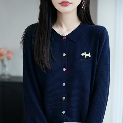 Polo Lapel Color Buckle Cardigan for Women Loose Soft and Delicate Spring and Autumn Embroidered Sweater Coat