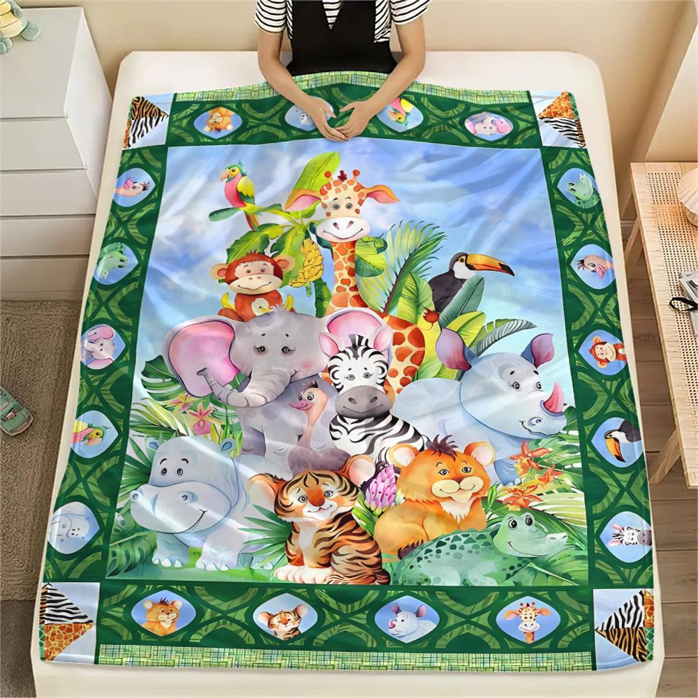 1Pc Cartoon Animals Print Flannel Blanket, High quality Comfortable for All Seasons, Home Decor, Warmth and Comfort, Perfect for Christmas Gifts