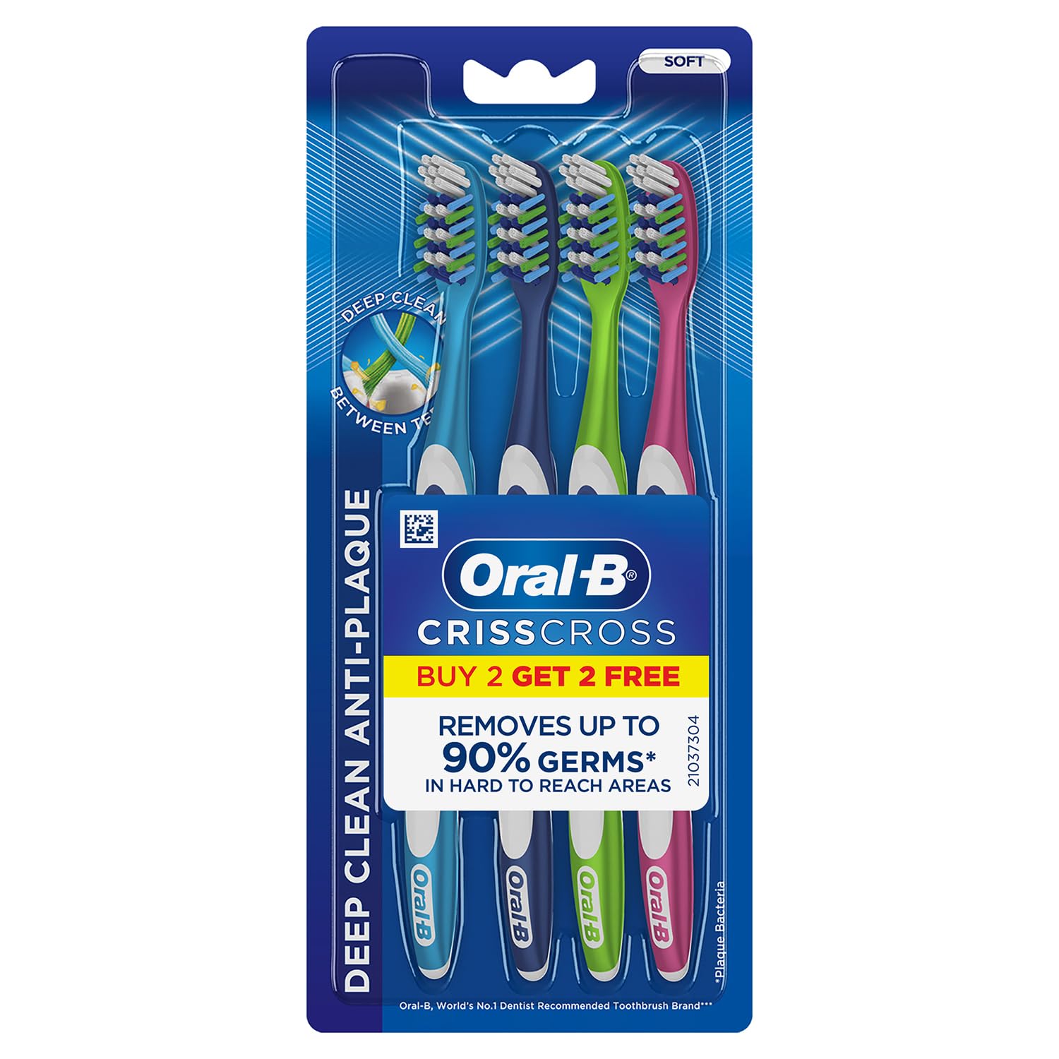 

Oral-B Crisscross Deep Clean Soft Bristle Manual Toothbrush, Multicolour Toothbrush Set, (Pack of 4)