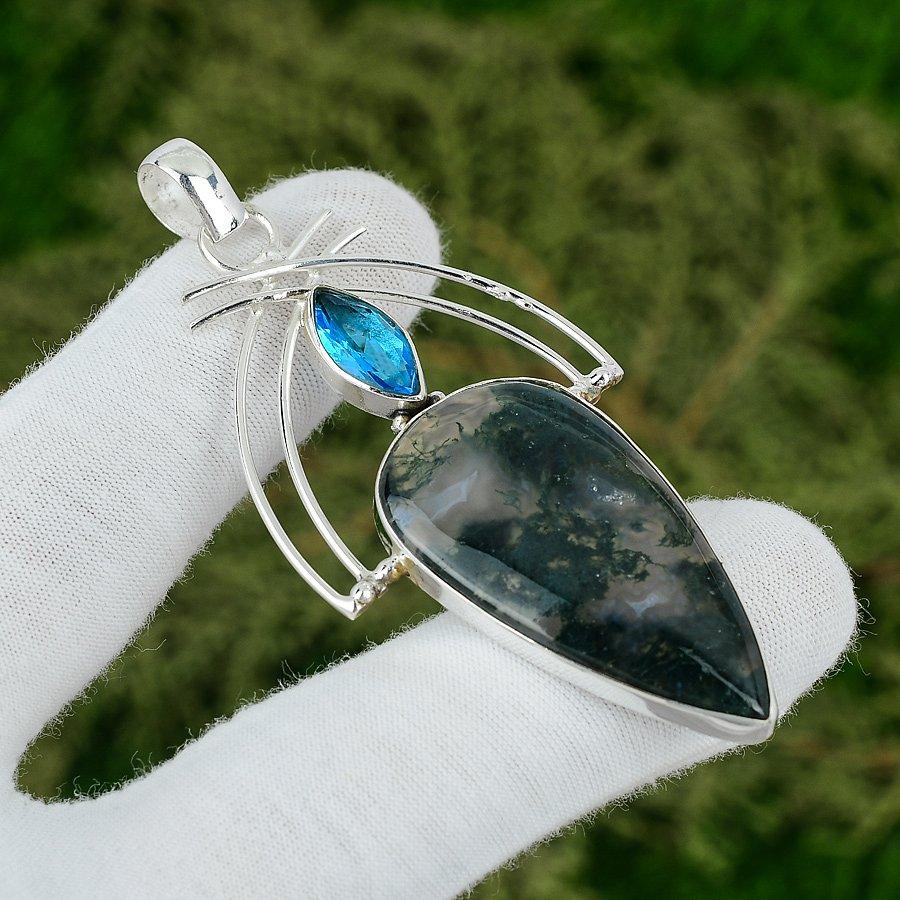 925 Sterling Silver Natural Solar Moss Agate Swiss Blue Topaz Pendant Jewelry