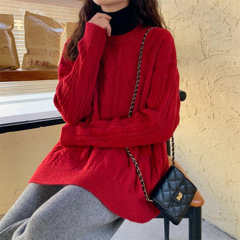 Twist knitted sweater pullover women's autumn and winter new round neck threaded lazy wind thick primer sweater