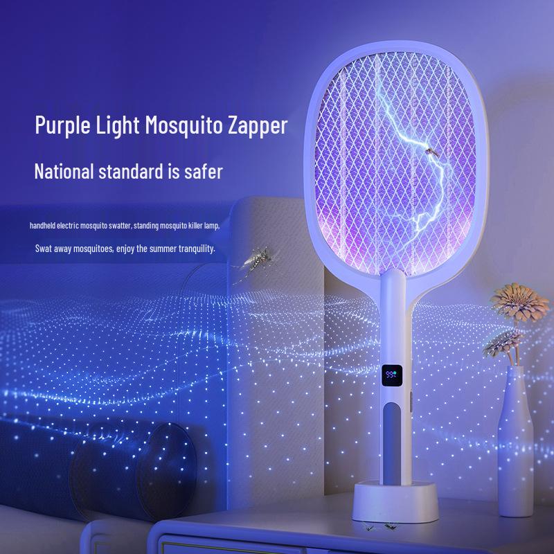 Rechargeable Electric Mosquito Swatter with Purple Light Attractant and Display Screen Stand, Indoor Use