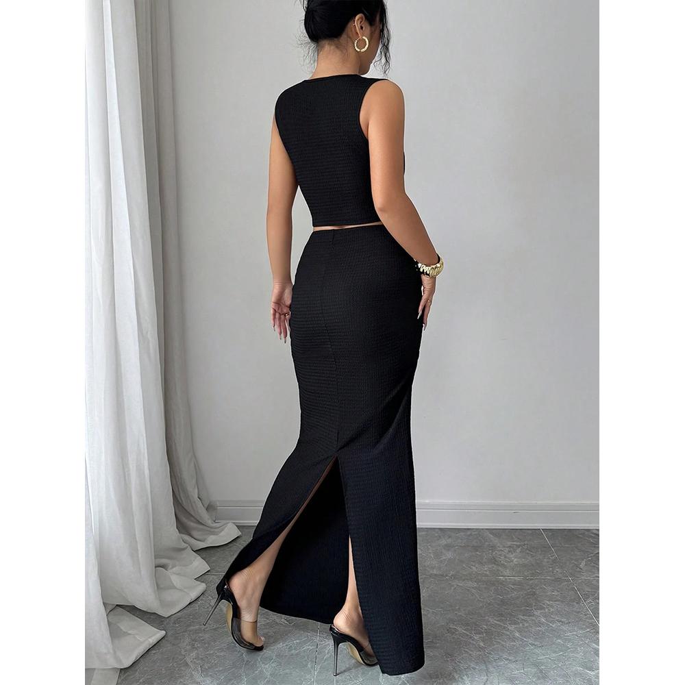 Women's 2 Pieces Summer Sets 2-Piece Set Knit Button Hollow Top And Waist Slit Skirt Skirt Set