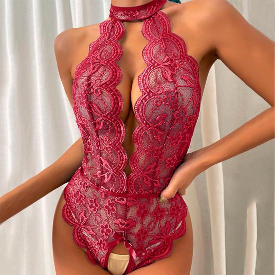 Women Bodysuit Halter Neck Lace Solid Color Soft Bodysuit Underwear