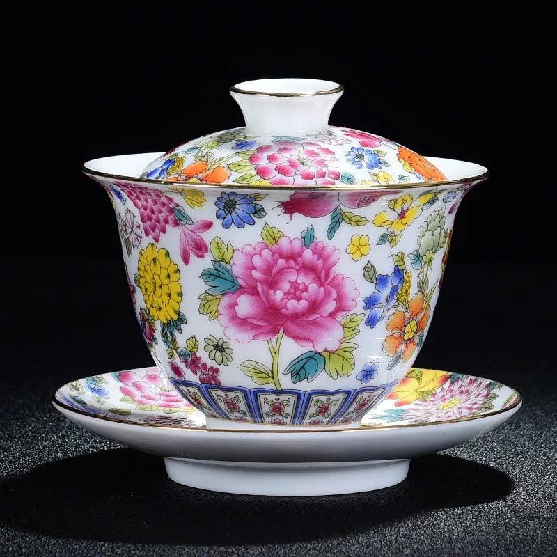 Chinese Kungfu Gaiwan Tea Tureen Intricately Designed Dragon and Phoenix Tea Cups with Elegant Ceramic Color Enamel Teaware