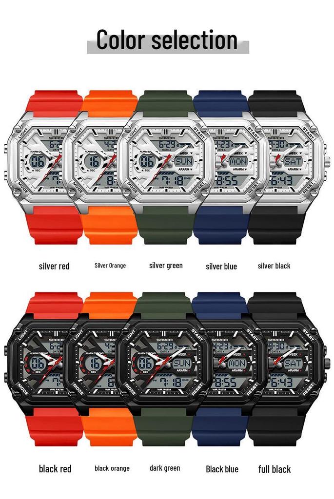 Sanda Men's Multifunctional Waterproof Electronic Watch - Trendy Timer with Dual Display & Three-Time Zone Outdoor Alarm.