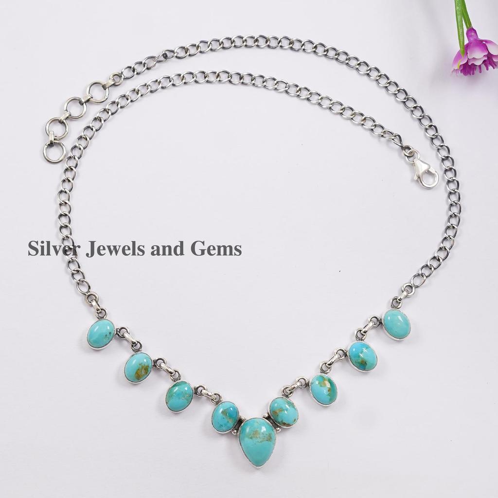 Arizona Turquoise Sterling Silver Chain Necklace: Teardrop & Oval Gemstone Necklace