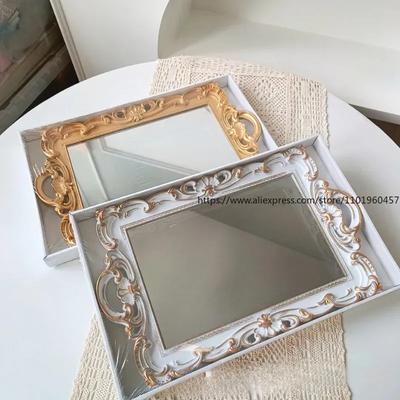 French Retro White Embossed Mirror Tray Living Room Table Tea Tray Minimalist Cosmetics Jewelry Storage Tray Wedding Decoration