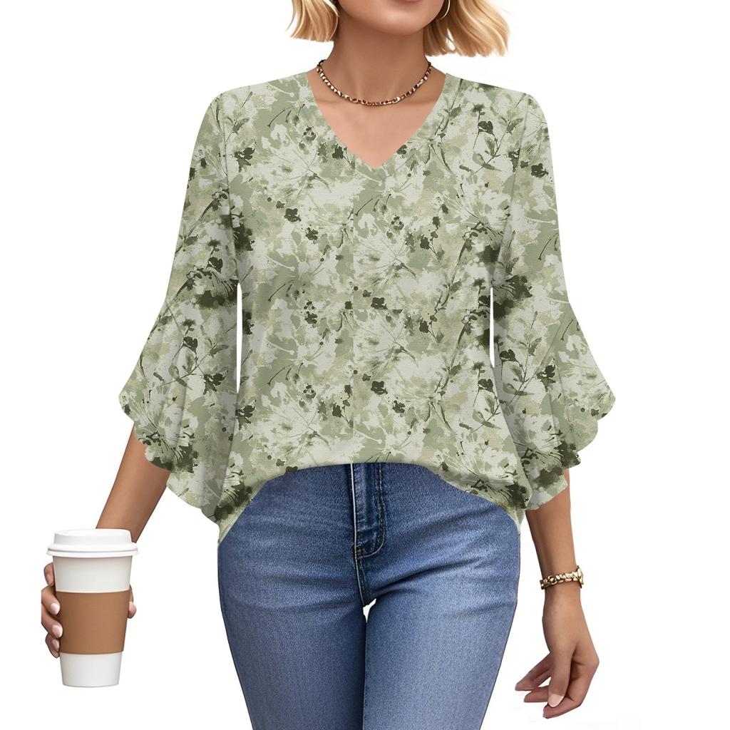 Blouses For Women Dressy Casual 3/4 Length Sleeve Womens Tops V Neck Tshirts Shirts With Flared Sleeve