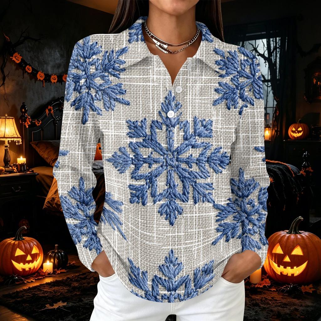 Women's Casual Button Long Sleeve Christmas Print Collared Top with Side Slits At Hem