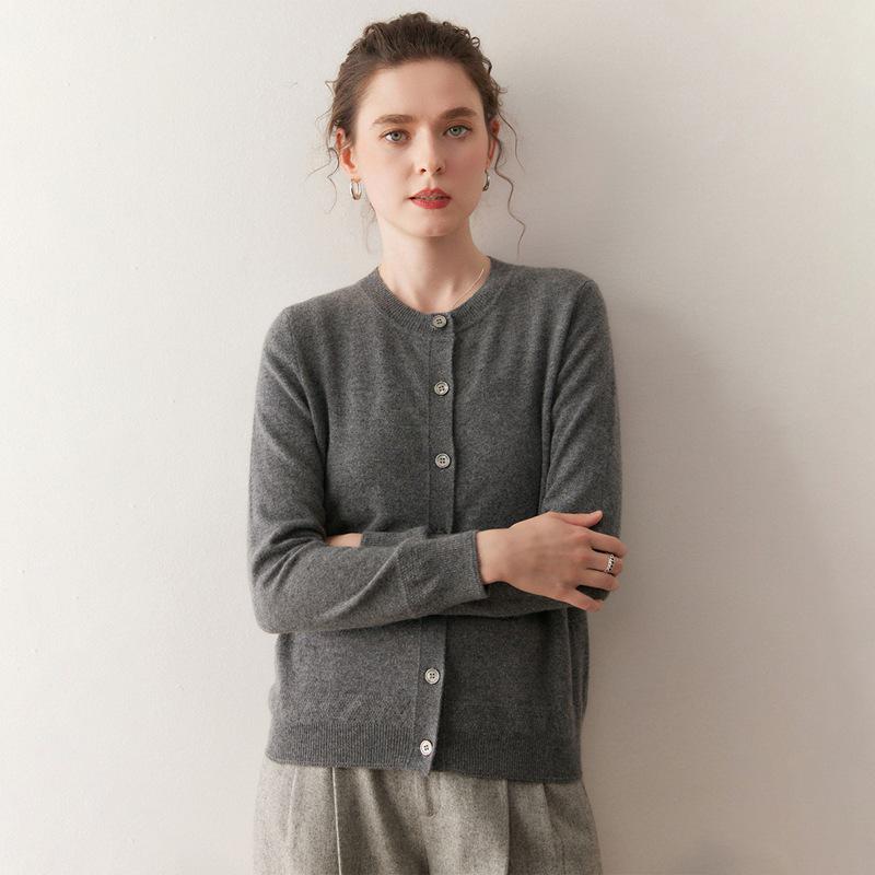 Women's 100% Pure Cashmere Round Neck Cardigan - Single-Breasted, Short Loose Knit Sweater