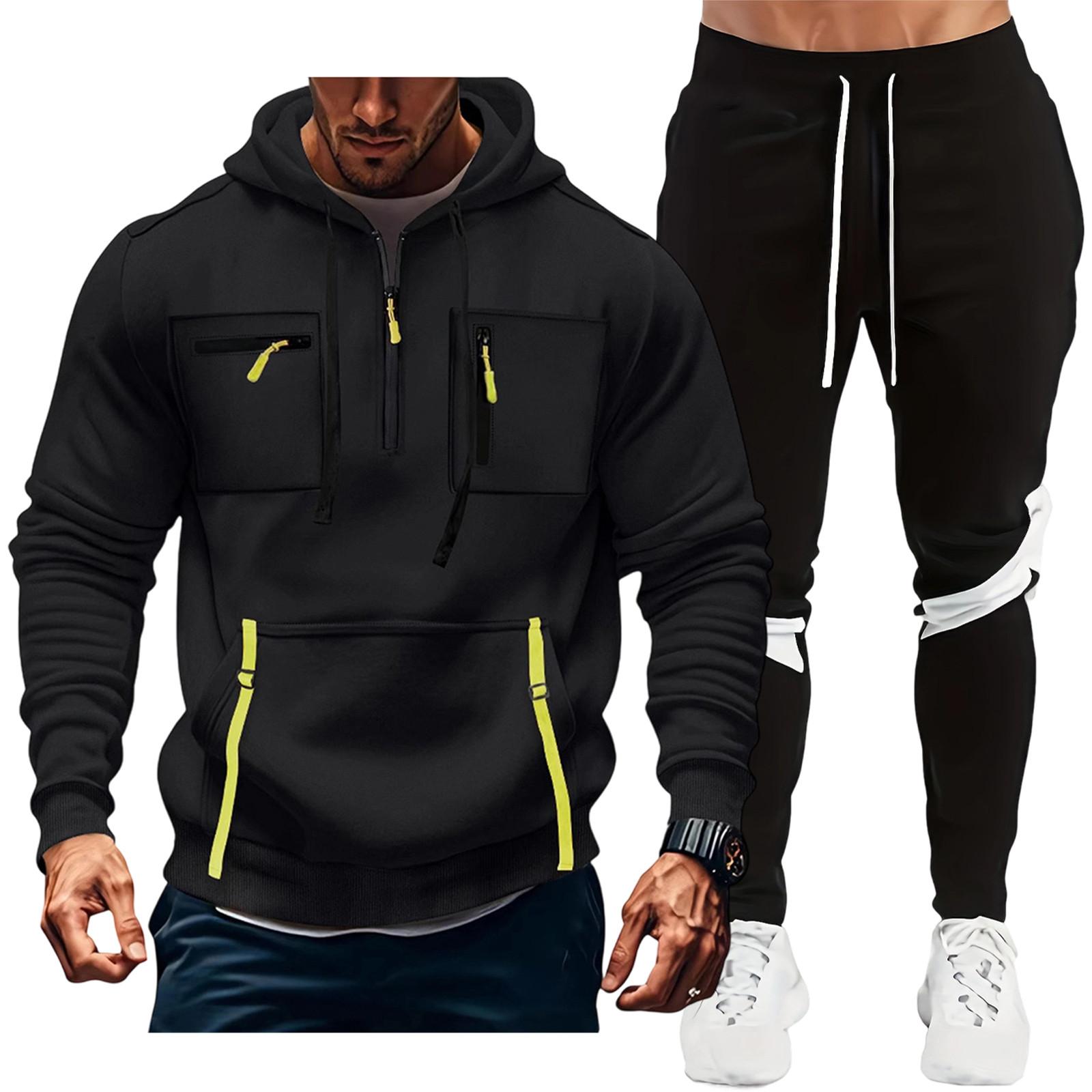 

Men S Hoodie Multi Pocket Hooded Long Sleeved Casual Sports Two-Piece Set XXXL чорний