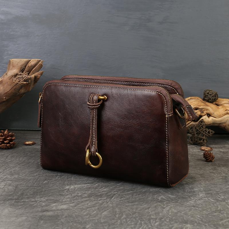 

Johnature Three Compartment Crossbody Bag Retro Handmade Genuine Leather Solid Color Versatile Women s Shoulder Bag кофейный