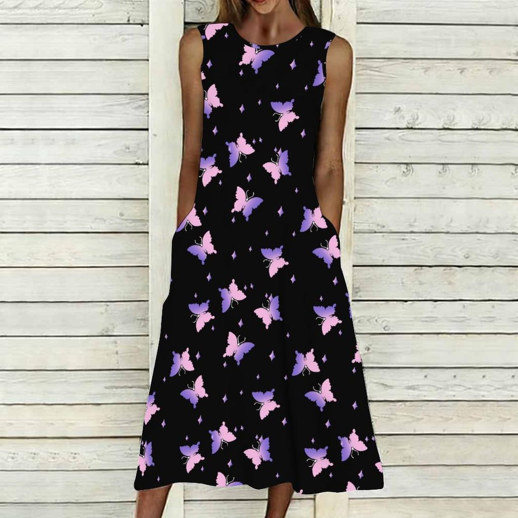 Women Oversized Sleeveless Crew Neck Dress Elegant Dense Floral Vines Flowy Calf Length Outfit