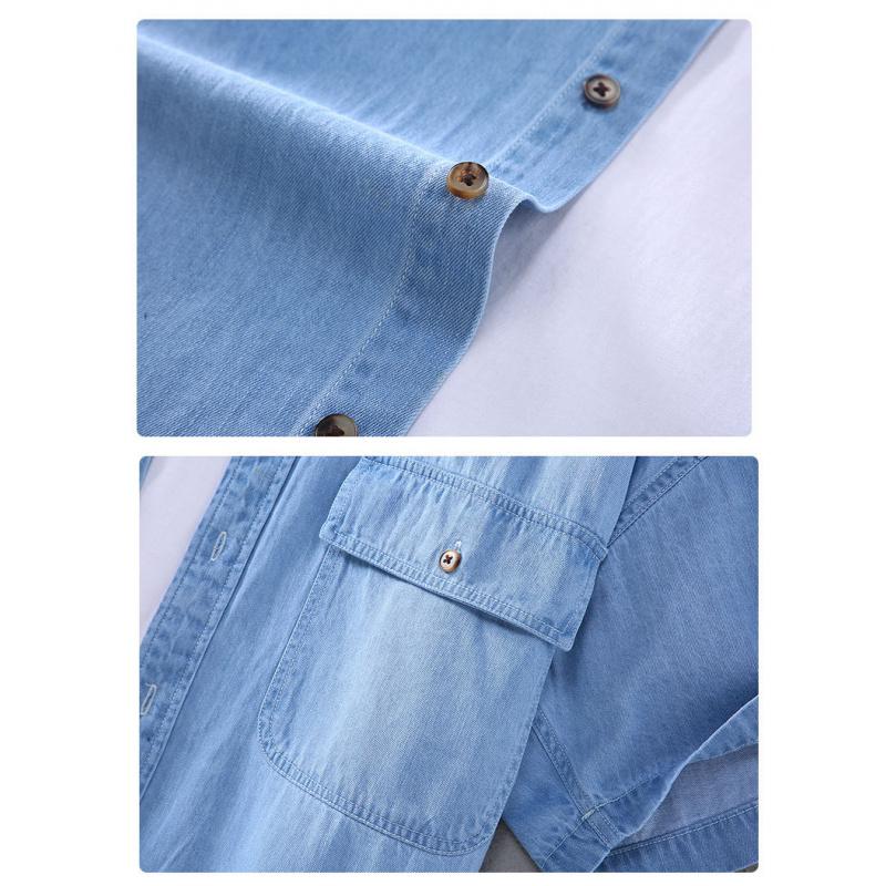 Summer New Vintage Artistic Men'S Short-Sleeve Denim Shirt Solid Color Lapel Collar Loose Casual Versatile Shirt