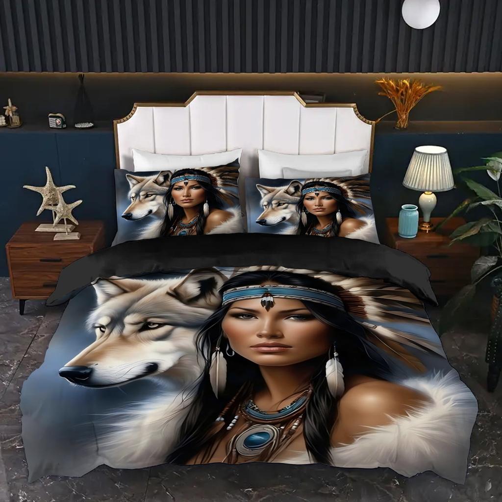 Wolf And Beauty Pattern 3D Printed Quilt Cover Pillowcase Soft Comfortable Bedding Set Wildlife Exotic Style Duvet Cover Set