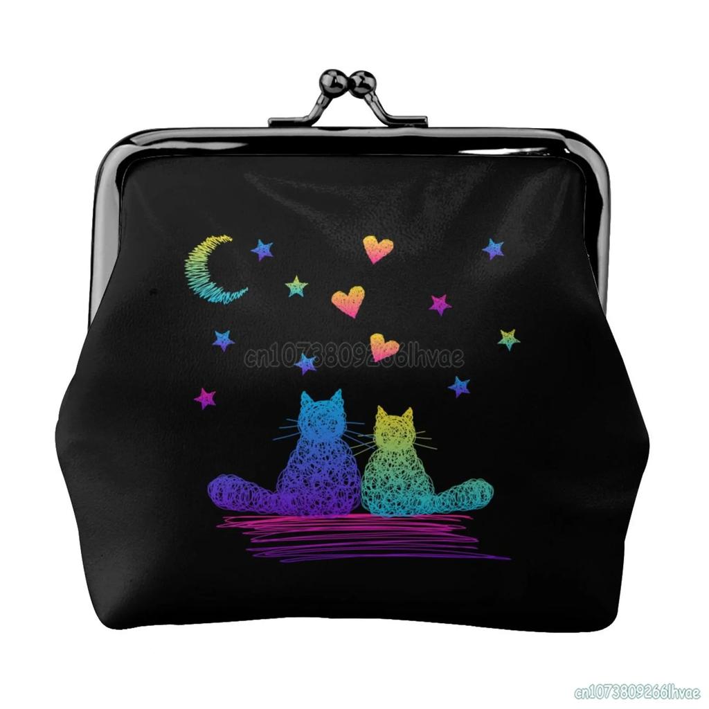 Cute Cartoon Cats Women's Leather Coin Purse Small Change Pouch with Kiss-Lock Clasp Closure Buckle Wallet for Girl Gift