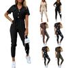 Womens Fashion Solid Color Insert Pocket Casual Lapel Printed Belt Work Jumpsuit