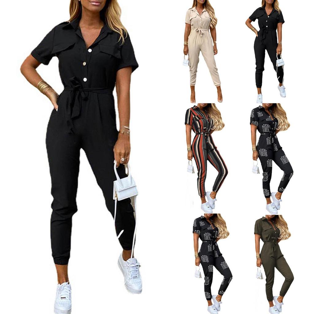 Womens Fashion Solid Color Insert Pocket Casual Lapel Printed Belt Work Jumpsuit