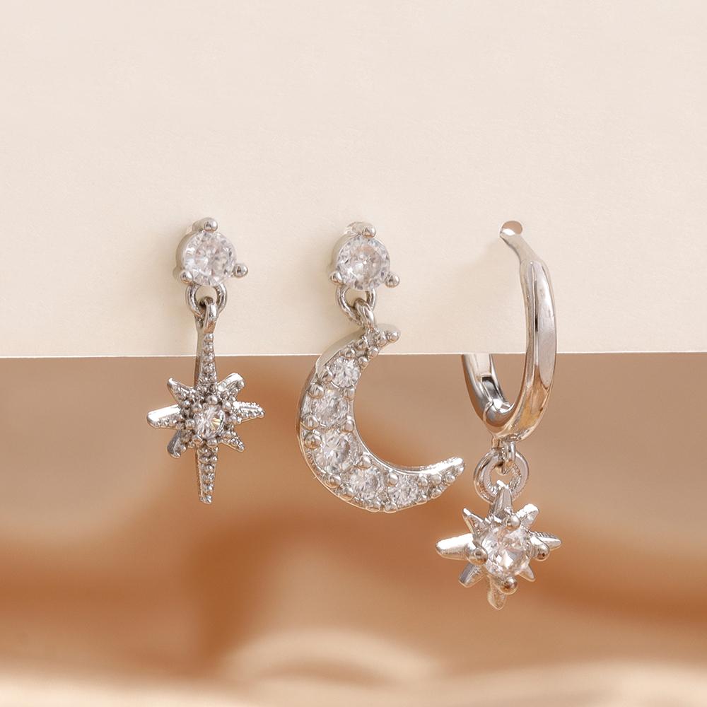 3PCS New Design Stainless Steel CZ Zircon Star Moon Stud Earring Set For Women Punk Unisex Rock Earring Statement Jewelry aretes