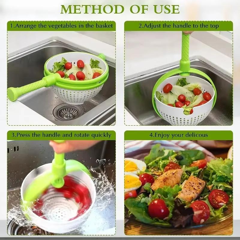 2025 NEW Folding Salad Spinner with Collapsible Handle Fruit Vegetable Centrifuge Drainer Basket Space Saving Kitchen Tool