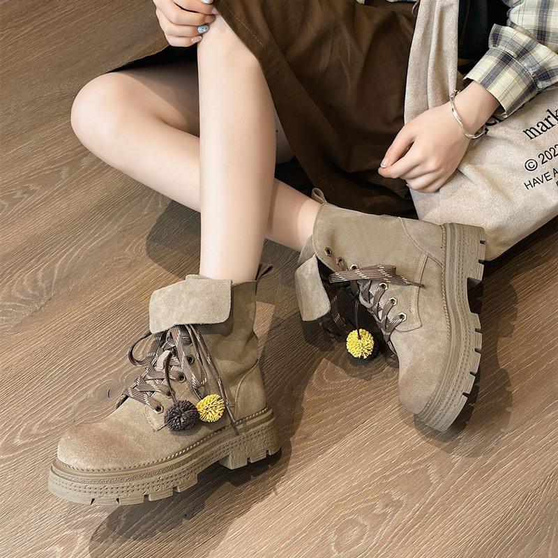 Fashion Autumn Faux Suede Ankle Boots Women Retro Thick Bottom Platform Boots for Women Fashion Lace Up Leather Biker Boots Botas Mujer