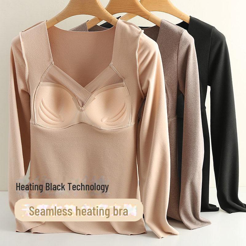 Damen Nahtlose Samt Heizweste: Langärmlig, warm, mit eingebauten Latex-Brustpolstern.